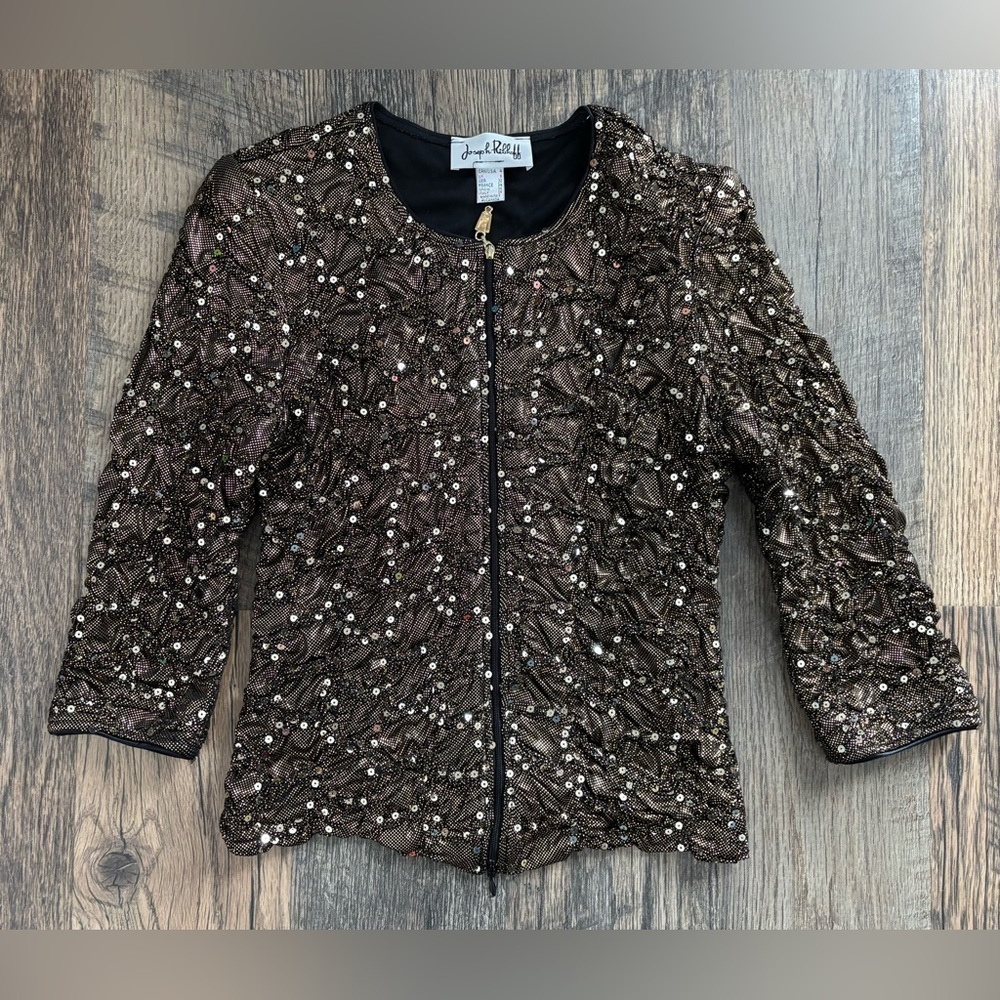 JOSEPH RIBKOFF Metallic Gold Sequin Textured Evening Jacket Size 4US VTG Runched